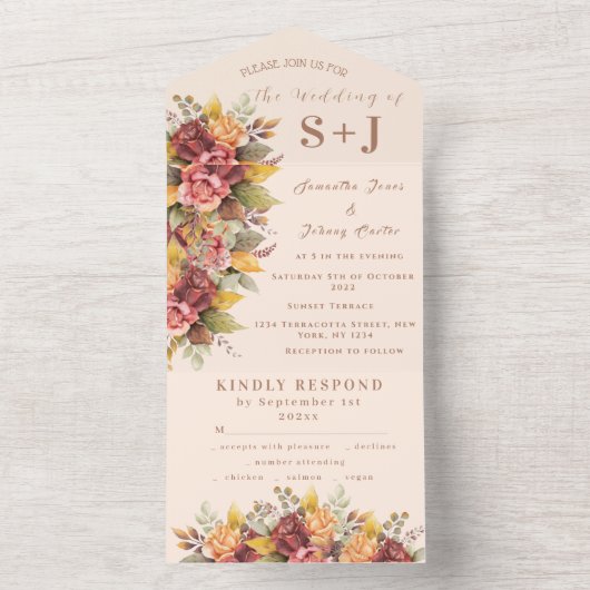 Invitation Tout En Un Rustique Orange Terracotta Automne Boho Mariage RS (À l'intérieur)