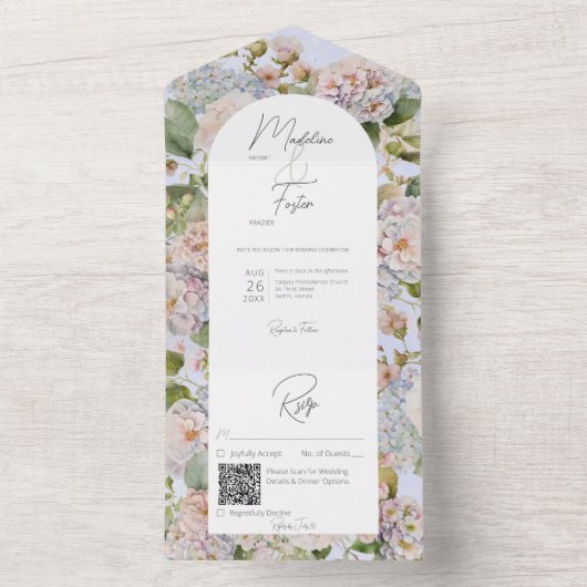 Invitation Tout En Un Rustique Pastel Hydrangeas Periwinkle Arch Code QR (À l'intérieur)