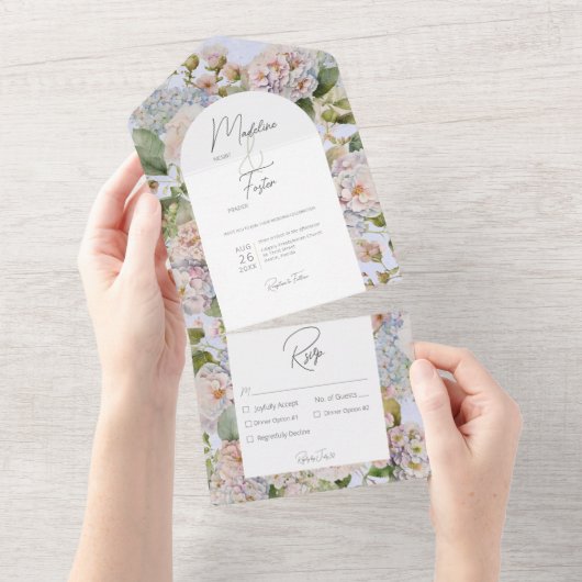 Invitation Tout En Un Rustique Pastel Hydrangeas Périwinkle Arch Dîner (Déchirure)