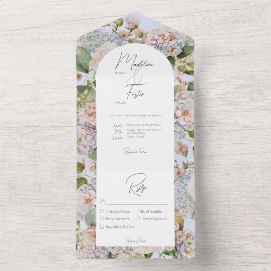 Invitation Tout En Un Rustique Pastel Hydrangeas Périwinkle Arch Dîner (À l'intérieur)