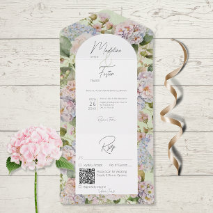 Invitation Tout En Un Rustique Pastel Hydrangeas Sage Green Arch Code QR