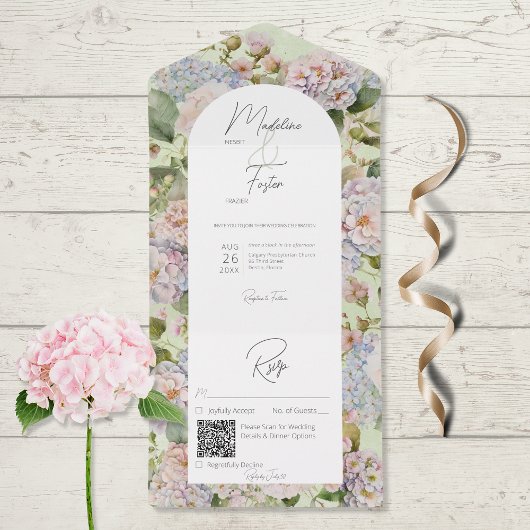 Invitation Tout En Un Rustique Pastel Hydrangeas Sage Green Arch Code QR