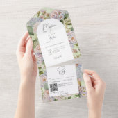 Invitation Tout En Un Rustique Pastel Hydrangeas Sage Green Arch Code QR (Déchirure)