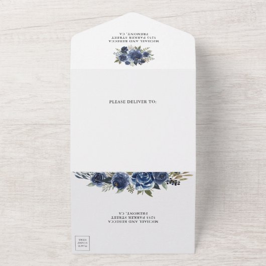 Invitation Tout En Un Rustique Pays Marine Blue Floral Bouquet Mariage (Dehors)