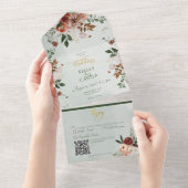 Invitation Tout En Un Rustique Peach Rust & Sage Green Floral QR Code (Déchirure)