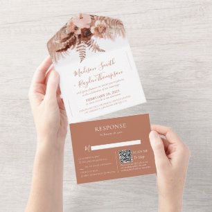 Invitation Tout En Un Rustique QR Code Terracotta Pampas Mariage en herb