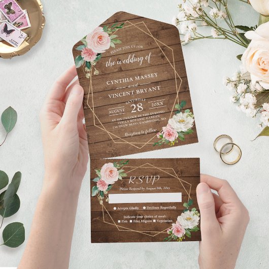 Invitation Tout En Un Rustique Romance Blush Floral Mariage géométrique