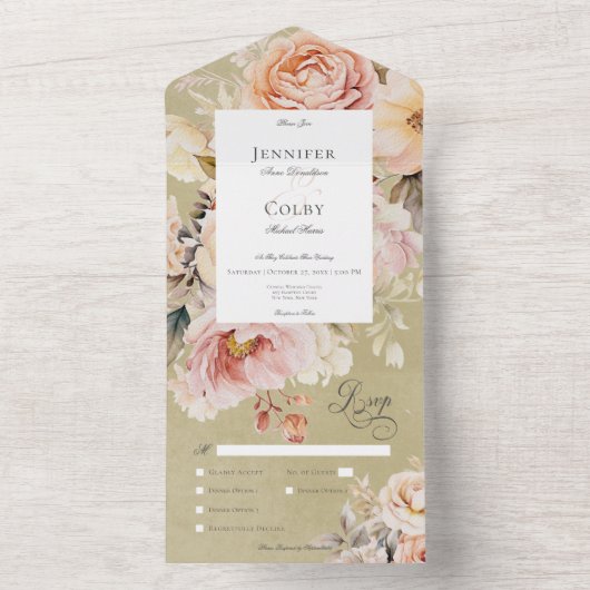 Invitation Tout En Un Rustique Romantique Rose & Blush Rose Dîner Vert (À l'intérieur)