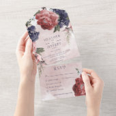 Invitation Tout En Un Rustique rose et bleu pivoines dîner rose (Déchirure)