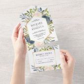 Invitation Tout En Un Rustique rose pâle et bleu foncé Mariage floral (Déchirure)