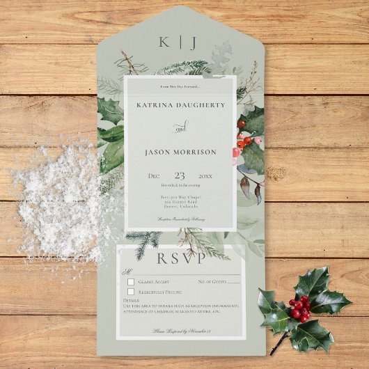 Invitation Tout En Un Rustique Sage Winter Holly & Pine Détails