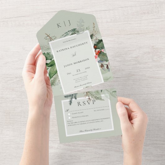 Invitation Tout En Un Rustique Sage Winter Holly & Pine Détails (Déchirure)