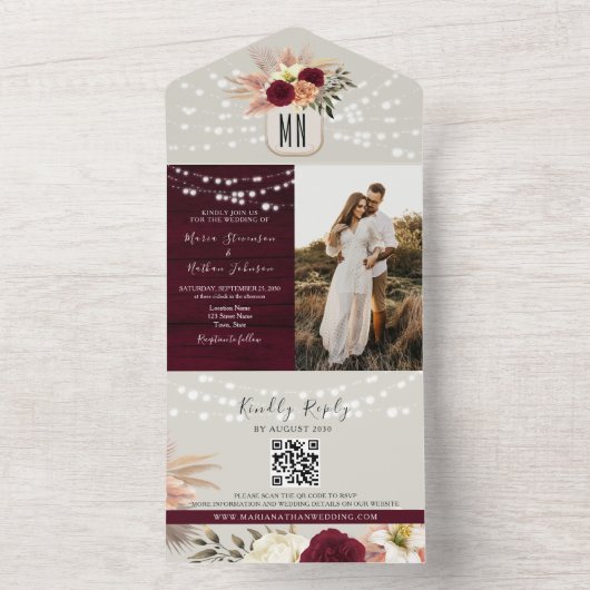 Invitation Tout En Un Rustique String éclaire le Mariage Bourgogne (À l'intérieur)