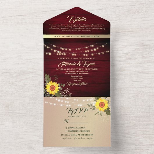 Invitation Tout En Un Rustique String éclaire Mariage de tournesol borde (À l'intérieur)