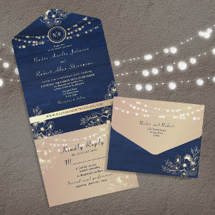 Invitation Tout En Un Rustique String éclat Mariage bleu marine