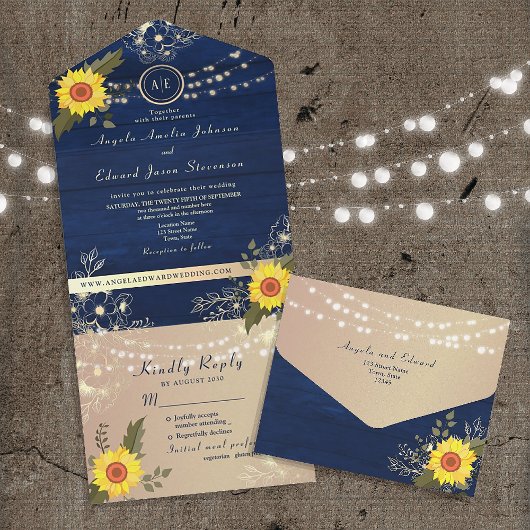 Invitation Tout En Un Rustique Tournesol String lumière Mariage Invitati