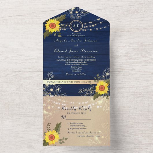 Invitation Tout En Un Rustique Tournesol String lumière Mariage Invitati (À l'intérieur)
