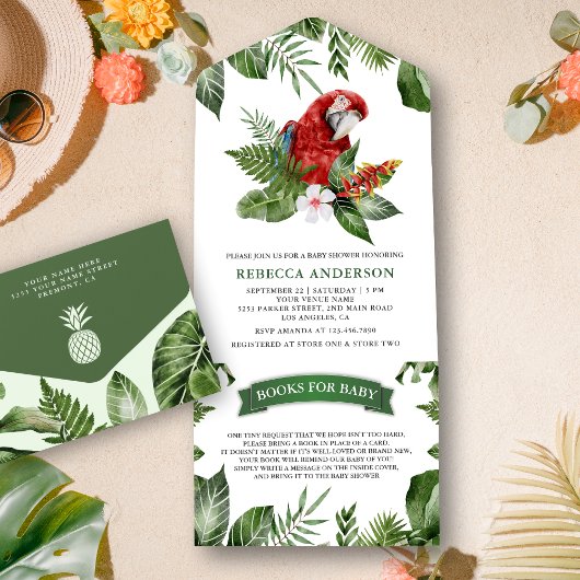 Invitation Tout En Un Rustique Tropical Jungle Cute Macaw Baby shower