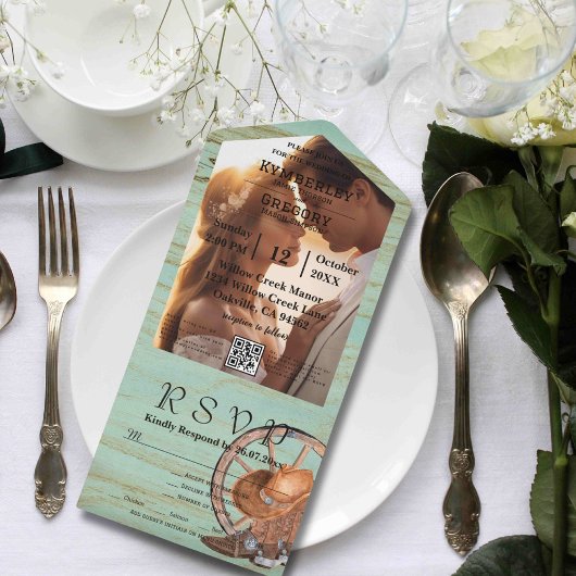 Invitation Tout En Un Rustique Turquoise Patiné Bois QR Code Photo