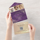 Invitation Tout En Un Rustique violet Photos Mariage QR Code (Déchirure)