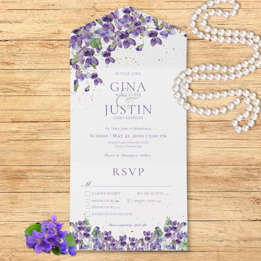 Invitation Tout En Un Rustique Violettes violettes or Sparkle Mariage dî