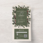 Invitation Tout En Un Rustique Winter Berries & Pine Cream QR Code (À l'intérieur)