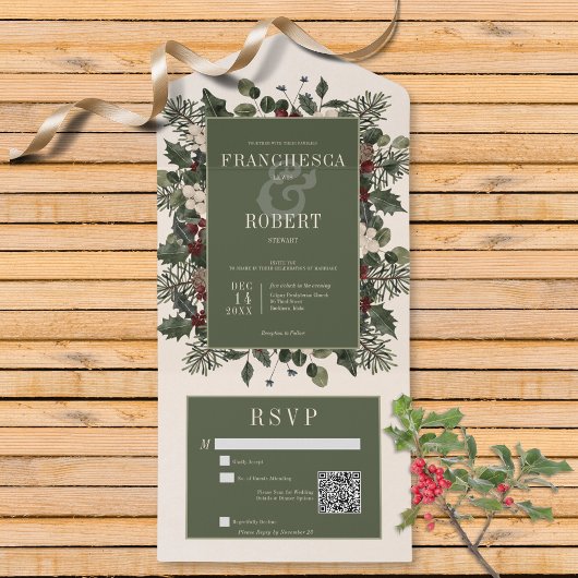 Invitation Tout En Un Rustique Winter Berries & Pine Cream QR Code