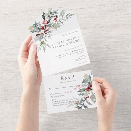 Invitation Tout En Un Rustique Winter Holly Berries & neige Détails (Déchirure)