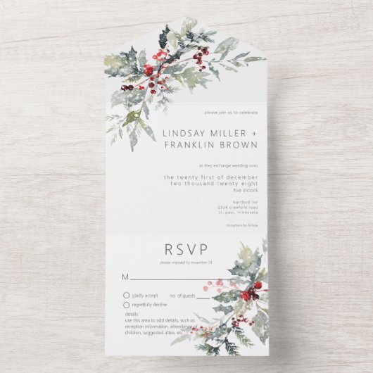 Invitation Tout En Un Rustique Winter Holly Berries & neige Détails (À l'intérieur)