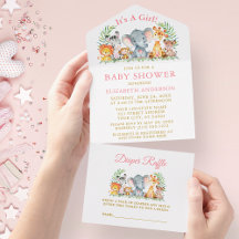 Safari Animaux Baby shower rose et Raffle Gold