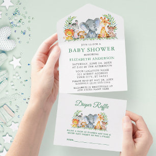 Invitation Tout En Un Safari Animaux Baby shower vert et raffle