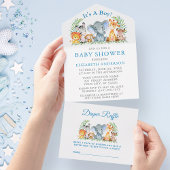 Invitation Tout En Un Safari Animaux Baby showers Bleus et Raffle