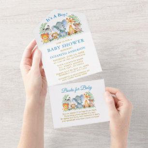 Invitation Tout En Un Safari Animaux Blue Gold Baby shower et livres