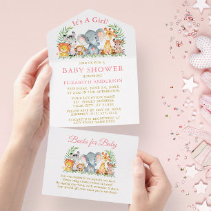 Invitation Tout En Un Safari Animaux Fille Baby shower rose et livres