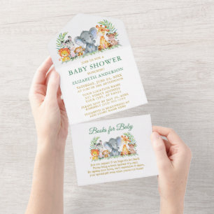 Invitation Tout En Un Safari Animaux Green Gold Baby shower et livres