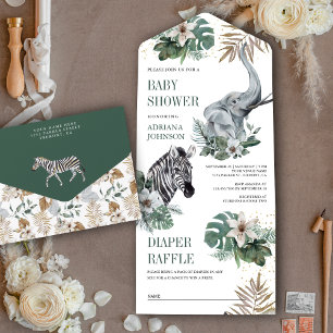 Invitation Tout En Un Safari sauvage rustique Baby Shower Zèbre et Éléph