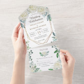 Invitation Tout En Un Sage géométrique Vert verdure & Roses blanches Rus (Déchirure)