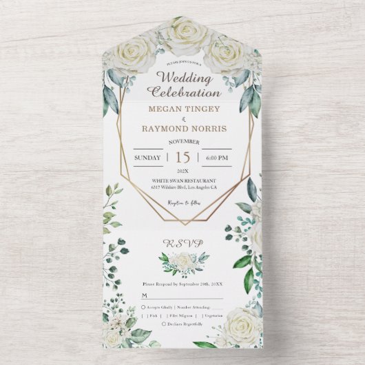 Invitation Tout En Un Sage géométrique Vert verdure & Roses blanches Rus (À l'intérieur)