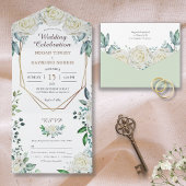 Invitation Tout En Un Sage géométrique Vert verdure & Roses blanches Rus