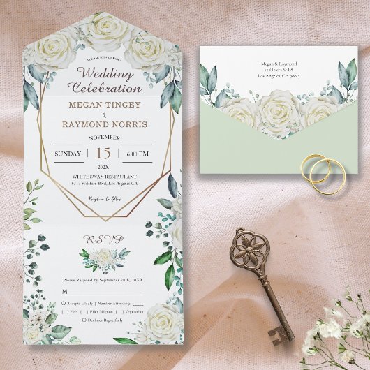 Invitation Tout En Un Sage géométrique Vert verdure & Roses blanches Rus