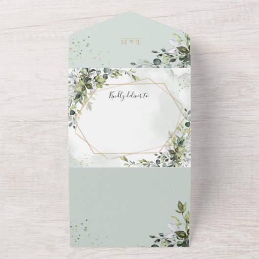 Invitation Tout En Un Sage gold eucalyptus geometric wedding invite rsvp (Dehors)