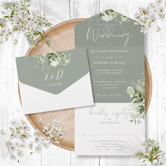 Invitation Tout En Un Sage Green Botanical Greenery Monogram Mariage