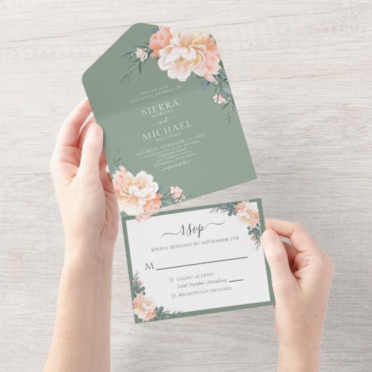 Invitation Tout En Un Sage Green Chush Peach Floral Boho Mariage (Déchirure)