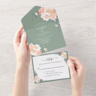 Invitation Tout En Un Sage Green Chush Peach Floral Boho Mariage