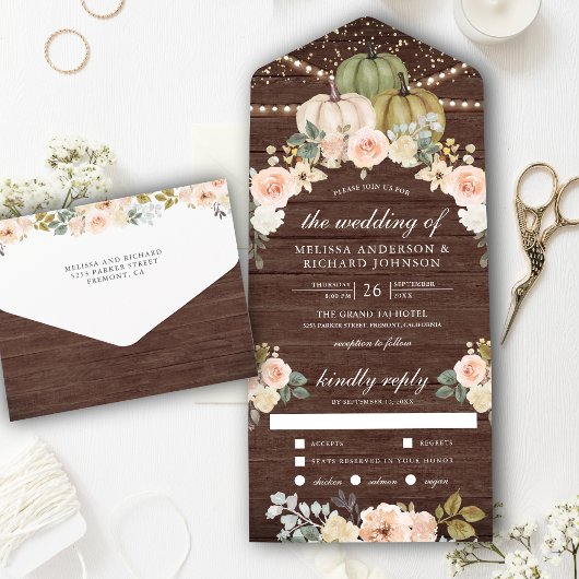 Invitation Tout En Un Sage Green Citrouille Dusty Peach Floral Bois Mari