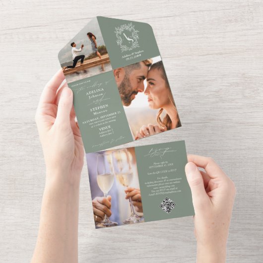 Invitation Tout En Un Sage Green Crest Monogramme 3 Photo QR Code Mariag (Déchirure)