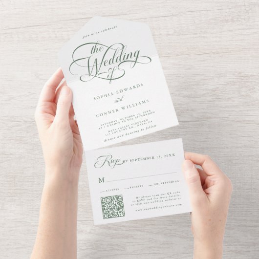 Invitation Tout En Un Sage Green Delicate Élégant Mariage de script (Déchirure)