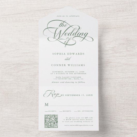 Invitation Tout En Un Sage Green Delicate Élégant Mariage de script (À l'intérieur)