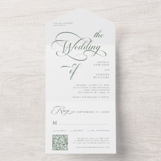 Invitation Tout En Un Sage Green Elegant Classy Calligraphy Mariage (À l'intérieur)
