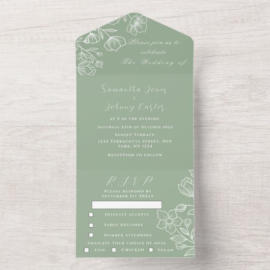 Invitation Tout En Un Sage Green Élégant Mariage Floral Moderne (À l'intérieur)